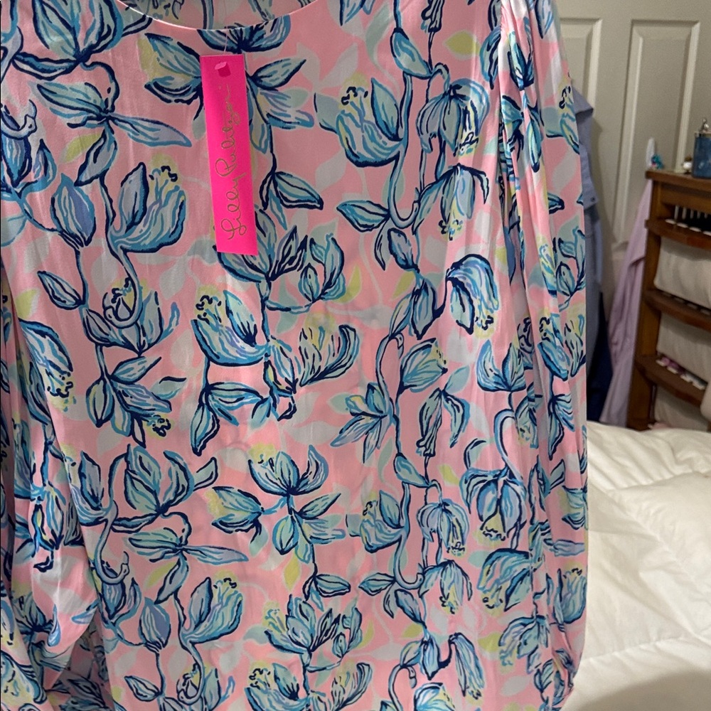 Lilly Pulitzer Maisel Pink Blue Top Floral Long Sleeve Gold Buttons NEW XL 14 16 - Picture 9 of 13